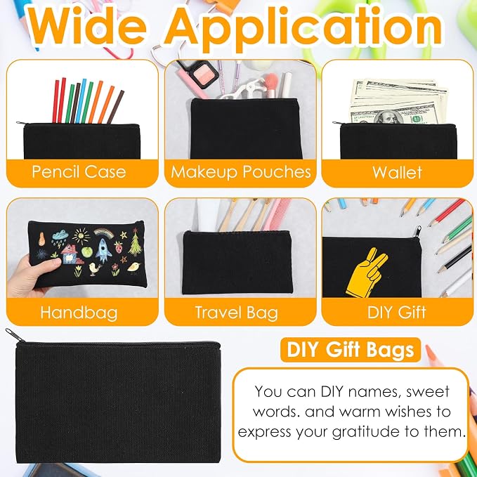 60Pcs Black Cotton Canvas Zipper Pencil Pouch Bulk, Blank DIY Craft Bag Canvas Pencil Case, Multipurpose Toiletry Tote Bag for Makeup Cosmetic, Invoice Bill, Travel Toiletry (Black,60) - Image 3