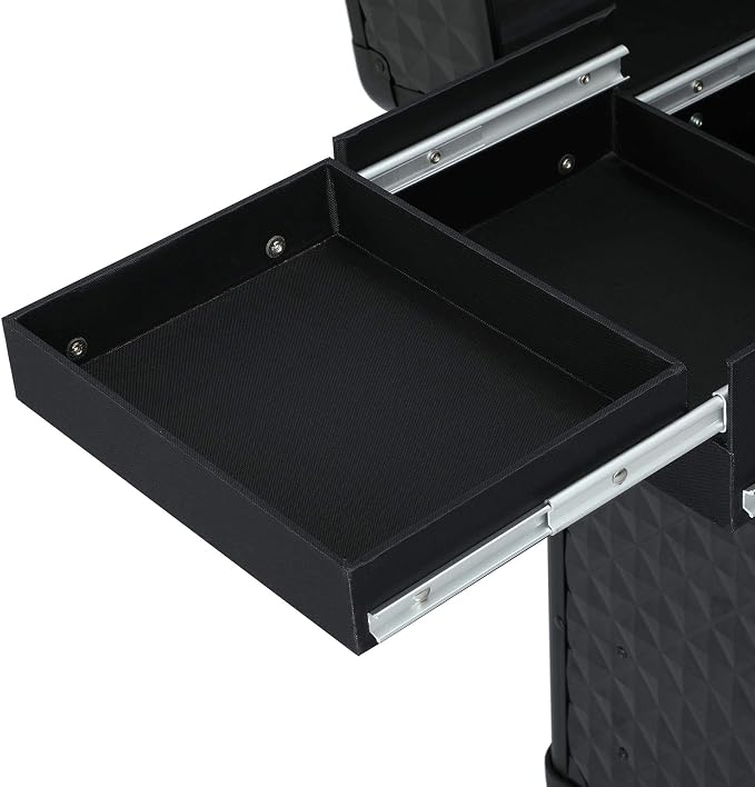 Yaheetech Rolling Makeup Train Case with a Drawer Nail Trolley Black/Red | Sturdy ABS & aluminum nail cart organizes beauty supplies in side trays and a drawer, rolls smoothly & lockable for travel - Image 6
