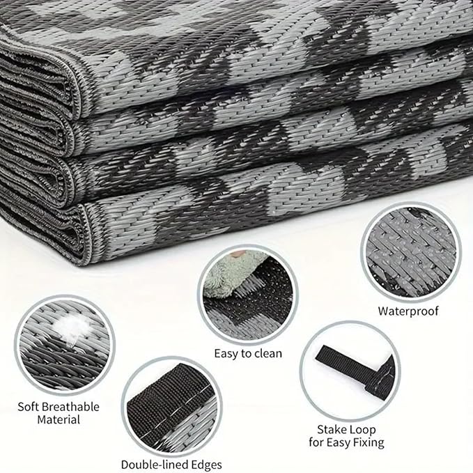 Outdoor Rugs, Outdoor Plastic Straw Rug, Reversible Waterproof Carpet for Camping, Poolside, Garden, BBQ Area, Gazebo Flooring, RV Park & Beach, Square Pattern, Black & Light Gray, 5'x8' - Image 4