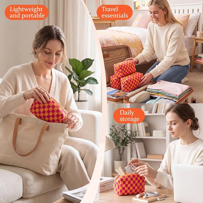Gilprop 8 Pcs Checkered Makeup Bag for Purse Small Cosmetic Pouch Bulk Portable Zipper Makeup Pouch Travel Toiletry Organizer Gifts for Women Bridesmaid Wedding Party Favors (Red Orange) - Image 5