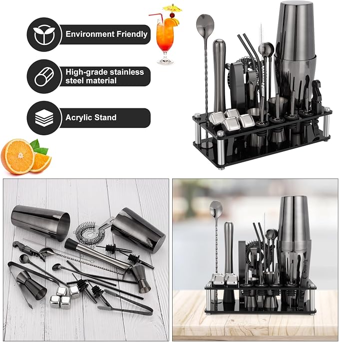 Cocktail Shaker Set, 23-Piece Boston Stainless Steel Bartender Kit with Acrylic Stand & Cocktail Recipes Booklet, Professional Bar Tools for Drink Mixing, Home, Bar, Party - Black - Image 7