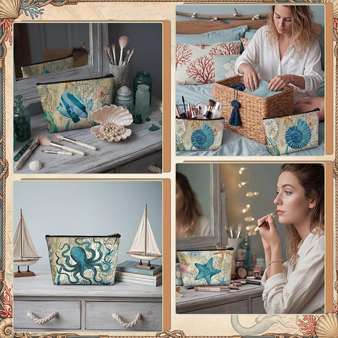 Sweetude 24 Pcs Beach Coastal Makeup Bags Bulk Retro Summer Nautical Portable Travel Cosmetic Bag with Zipper Sea Animals Waterproof Roomy Travel Toiletry Organizer Storage Pouch for Women Ocean Gifts - Image 5