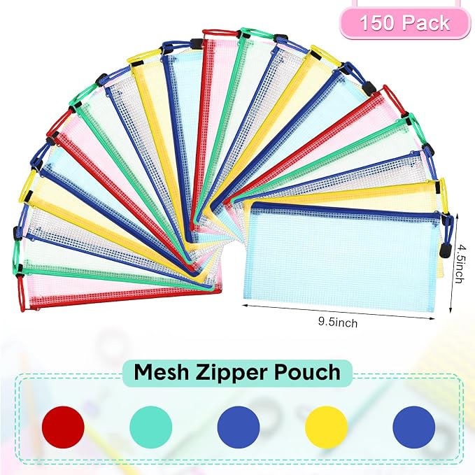 Harloon 150 Pack Pencil Pouch Bulk Gifts Graduation Mesh Zipper Pencil Cases 9.5 x 4.5 Inch Small Clear Holder Storage Multipurpose Cosmetics Toiletry Bags for Office Bill Travel(5 Colors) - Image 2