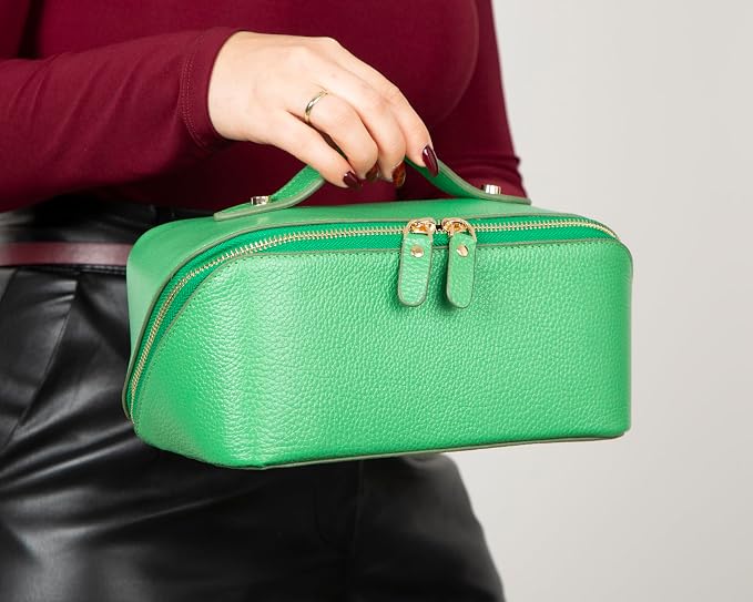 VENOULT Genuine Leather Makeup Bag, Spacious Cosmetic Case, Travel Toiletry Organizer with Handle (Pistachio) - Image 2