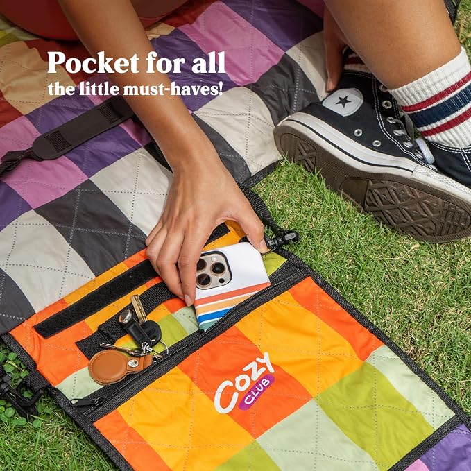 Cozy Club Waterproof Picnic Blanket – Foldable Outdoor Mat 60x70 with Stakes, Pocket & Shoulder Strap | Sandproof Beach Blanket for Festivals, Camping & Travel | Self-Packing | Multicolor | US Brand - Image 6