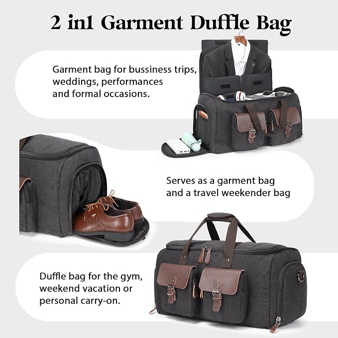 Canvas Garment Bags for Travel, Convertible Carry On Garment Duffel Bag for Men Women, 2 in 1 Suit Bag Hanging Suitcase Business Travel Bag with Shoe Compartment (Grey, L) - Image 3
