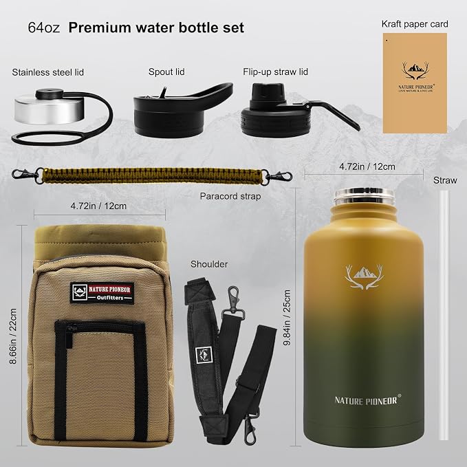 NATURE PIONEOR 64 oz Insulated Water Bottle with Carrier Bag & 3 Lids | 18/8 Food-grade Stainless Steel, Double Vacuum Insulation, 3 Leak-proof Lids, Strap, Camping, Hiking, Gym, Work - Image 5