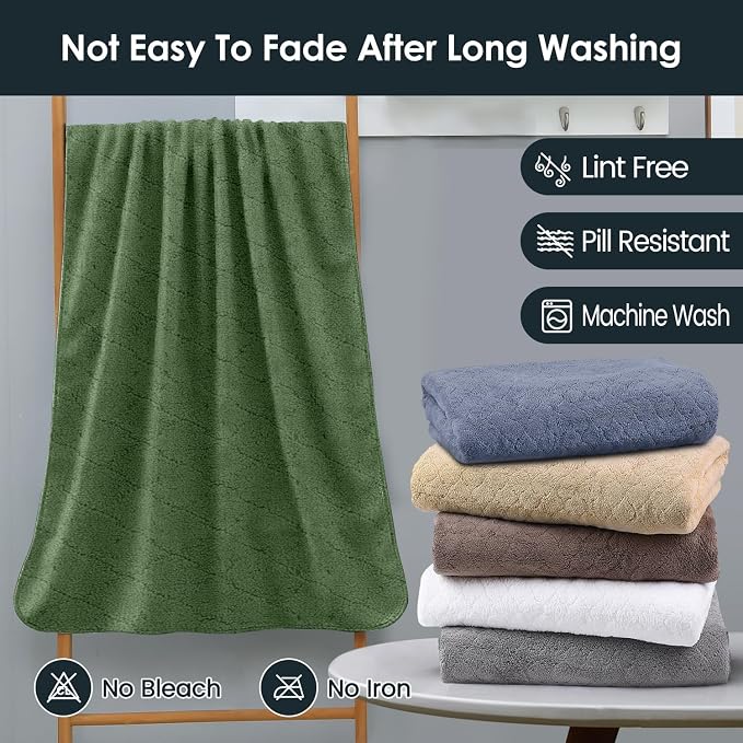 JML Microfiber Bath Towels Set of 2, Oversized, Ultra Soft, Super Absorbent, Fast Drying, No Fading Large Bathroom Towel for Yoga, Sauna, Travel, Fitness (Coral Fleece - Olive-Green, 30 in x 60 in) - Image 6
