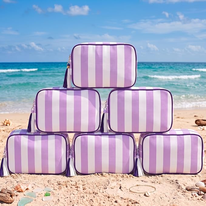 Kacctyen 6 Pack Lavender Purple and White Striped Makeup Bag bulk with Tassel Travel Cosmetic Pouch Organizer Large Zipper Toiletry Case for Women Aesthetic Storage Pouch Mahjong Tile Bag by Kacctyen