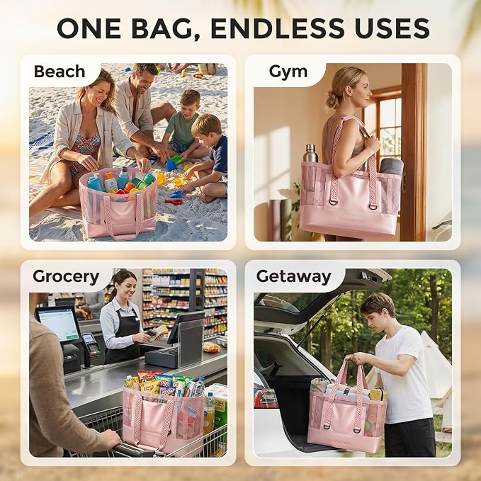 Large Mesh Beach Bag, Waterproof Bottom Tote, Structured Design Waterproof Pocket, Sandproof Pool Bag for Cruise Gym - Image 6