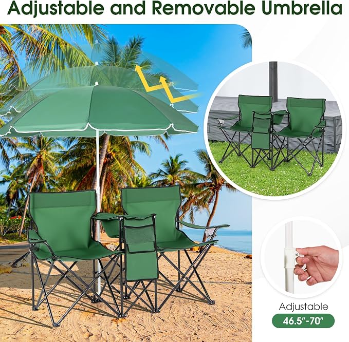 Goplus Double Camping Chair with Umbrella, Folding Loveseat Chairs w/Canopy Shade, Carrying Bag, Table, Cup Holder, Portable Beach Chairs Outdoor Picnic Patio (Green) - Image 6