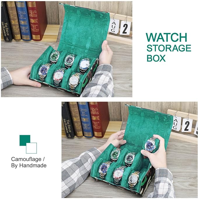 Hiram Genuine Leather Hexagon Watch Roll Travel Case, Military Camouflage Leather 6-Watches Roll Case with Removable Pillow Cushion for Treasured Watches and Bracelets-Camouflage Green - Image 5