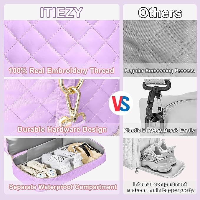 Graduation Birthday Gift for Her, Personalized Initial Weekender Bag for Women 45L Travel Duffle Carry On Quilted, 3PCS Overnight with Cosmetic & Toiletry Bag, Shoe Compartment, Gym Dance Bag for Girl - Image 7