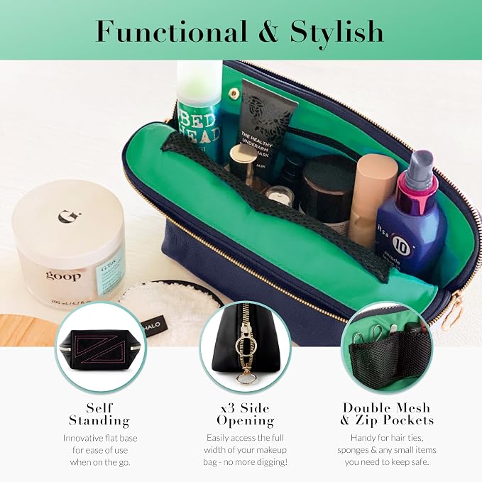 KUSSHI Washable Travel Makeup & Cosmetic Bag - Brush Organizer Sold Separately (Vacationer, Navy/Mint) - Image 3