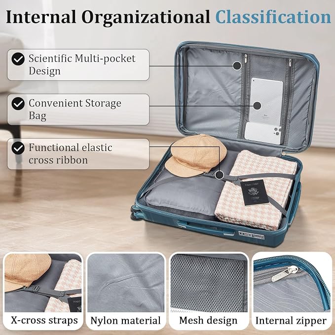 TRAVELEO 4 Piece Carry On Luggage Set 20 Inch, Expandable PP Hardshell Suitcase with Detachable Spinner Wheels TSA Lock, Includes Cosmetic Case, Travel Tote & Toiletry Bag, Lightweight (Peacock Blue) - Image 4
