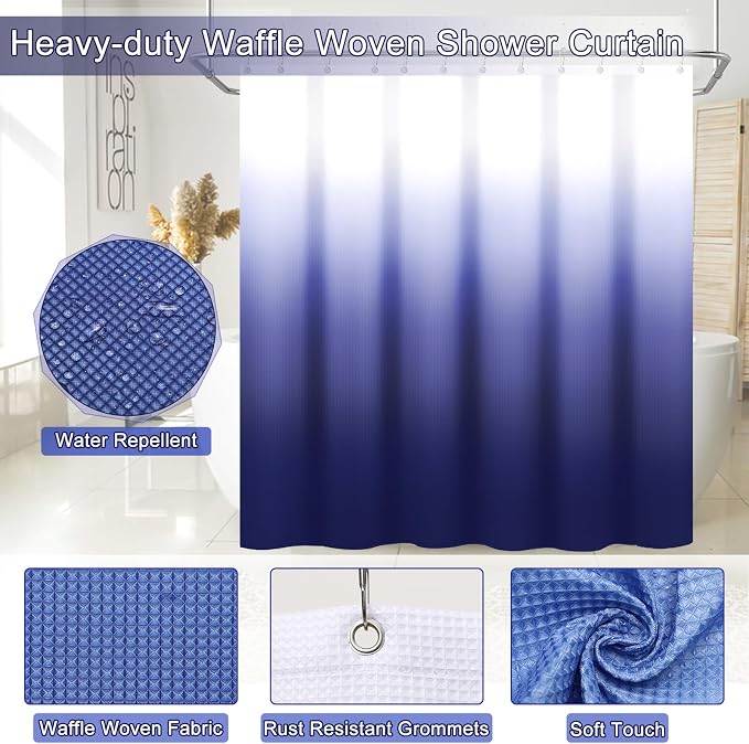 XLHOMO 30PCS Navy Blue Bathroom Accessories Set with Waffle Shower Curtain,Trash Can,3PCS Lotion Soap Dispenser, Toothbrush Holder, Soap Dish,Tumbler Cup,6PCS Wood Tags Bath Accessories with Tray - Image 3