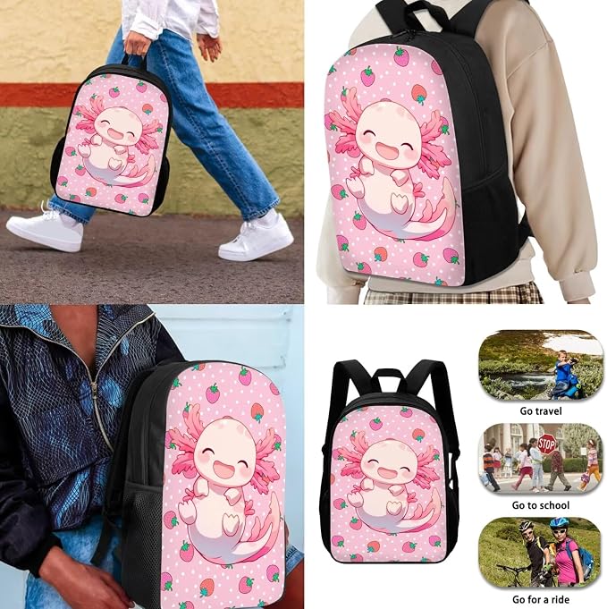 Cute Axolotl Backpack with Lunch Box Set for Girls 6-8/5-7 Strawberry Bookbag for 1st Grade Elementary School Back Pack Lunchbox Pencil Case Water Bottle Holder 4PCS Kids Preschool Book Bag - Image 3