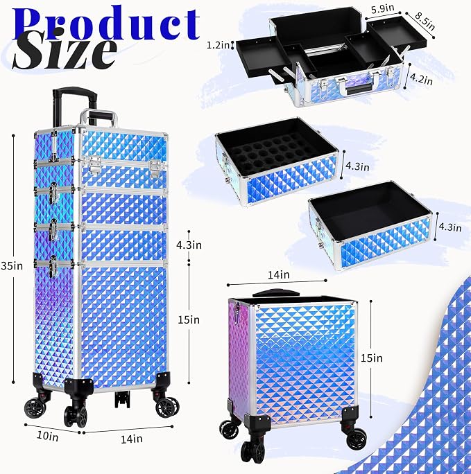 AROUS Rolling Makeup Train Case 4 in 1 Cosmetology Case on Wheels Large Storage Cosmetic Trolley with Key Salon Barber Case Traveling Cart Trunk, Colorful - Image 3