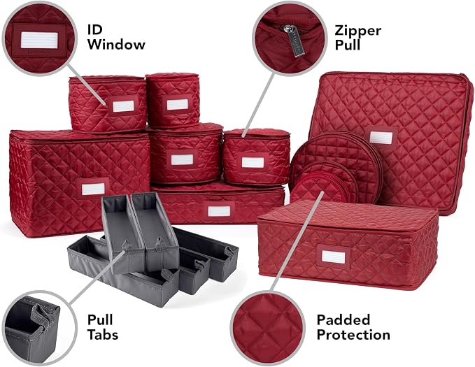 Covermates Keepsakes Dish Storage Set – Padded China & Dinnerware Storage Cases with Dividers, Cup & Stemware Storage, Quilted Polyester Protection, ID Window, Red - Image 2