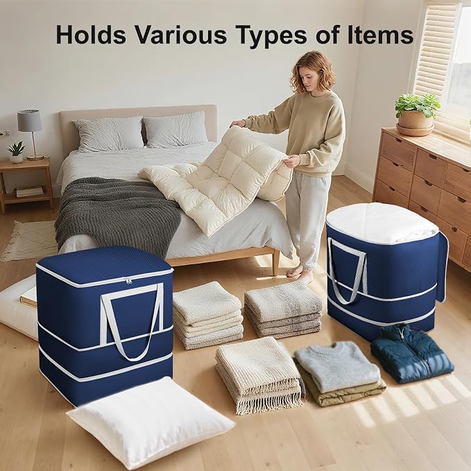 Comforter Storage Bag - 120L Bedding Storage Bags for Moving Closet, Washable Blanket Storage Bag, Ultra Space Saving Self Compression Organizer, 4-Pack, Navy Blue - Image 4