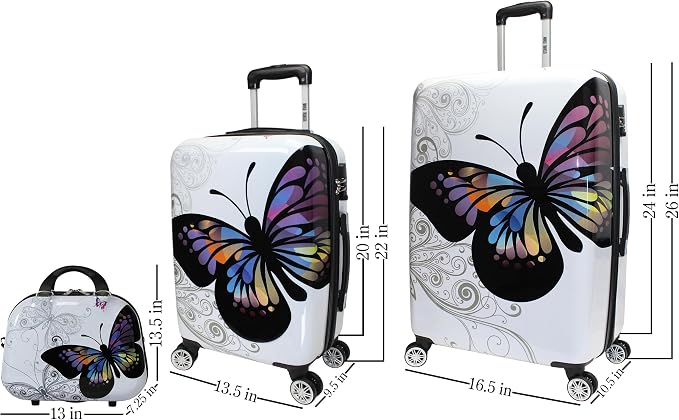 World Traveler Butterfly 3-Piece Polycarbonate Hardside Expandable Spinner Luggage Set with Enhanced Wheel System - Image 3