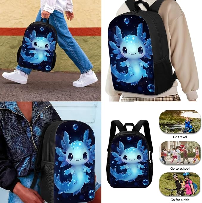 Blue Axolotl Backpack for School Girls 2nd Grade with Lunch Box Preppy Elementary Bookbag and Lunchbox Set 4PCS Cute Back Pack Lunch Bag Pencil Case Watter Bottle Holder Book Bags Kids 6-8 - Image 3