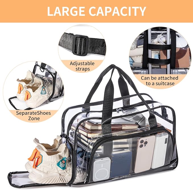 Clear Duffle Bag for Women with Anime Pins Display & Shoe Compartment, Waterproof and Convertible Crossbody for Anime Conventions, Stadium Events, Yoga, Travel & Gym (black) - Image 3