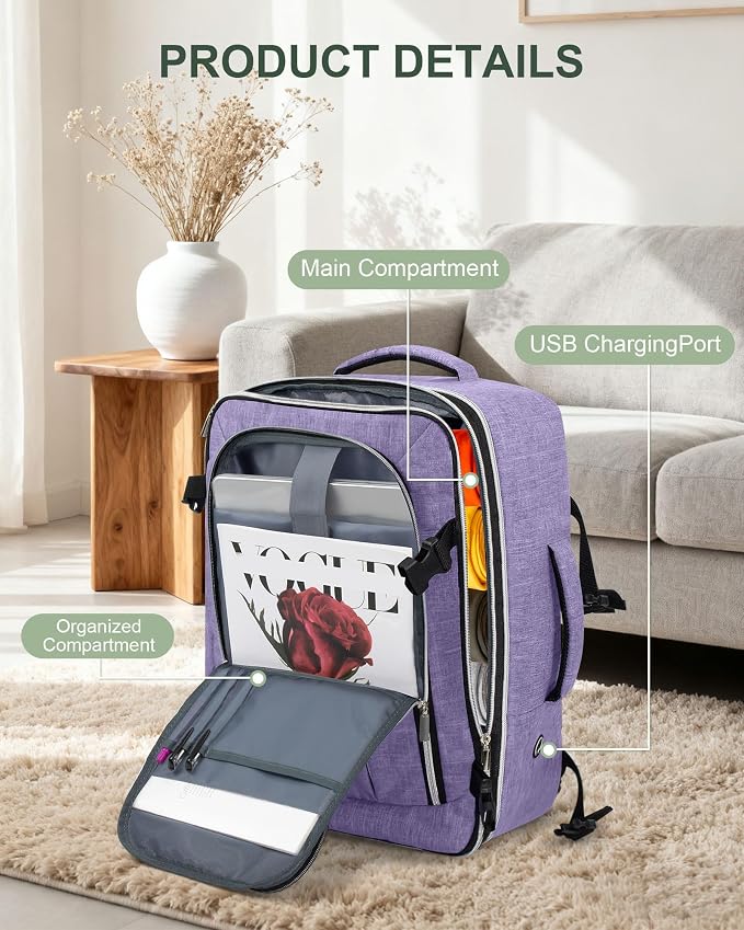Travel Carry On 17.5" Laptop Expandable Backpack for Men Women, Personal Item Bag Waterproof Airline Approved with USB Charging Hole 3 Packing Cubes, Large Weekender Daypack Business Luggage Suitcase - Image 5