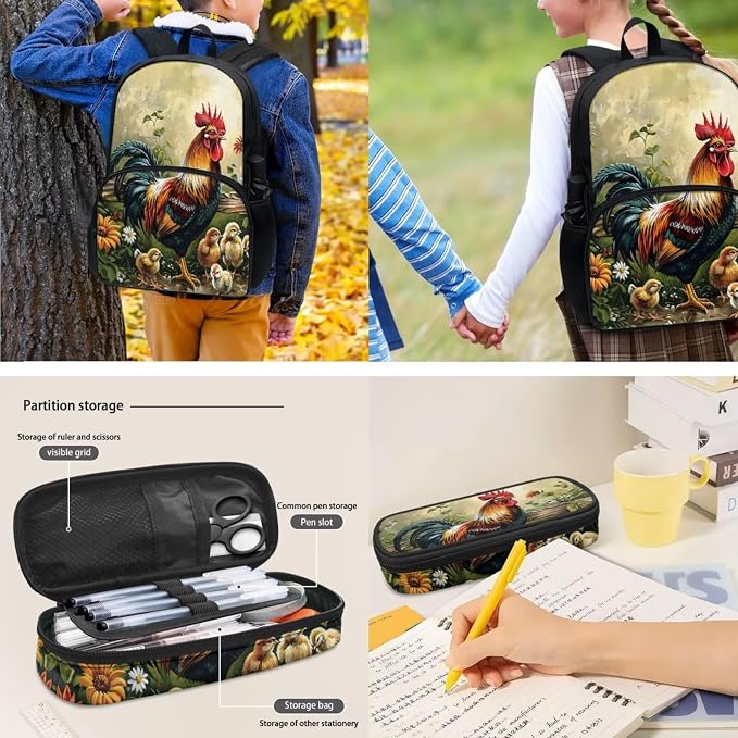 4Pcs Chicken Pattern School Backpack Set for Boys Girls,Cute Hen and Chick Bookbag with Lunch Box Pencil Case Water Carrier Pouch for Kindergarten Preschool Students - Image 4
