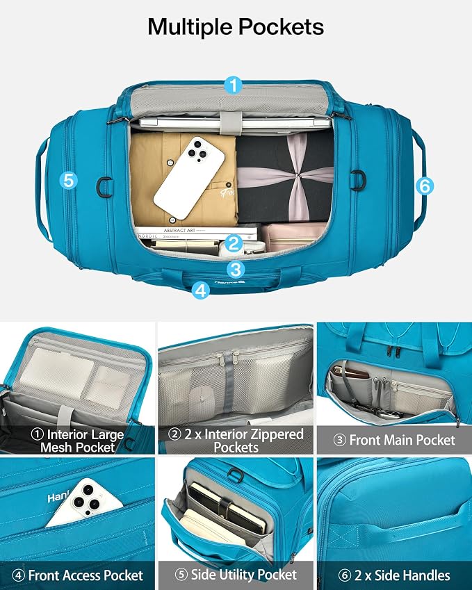 Hanke Duffle Bag for Travel, Dual Expandable 45L-55L Carry On Duffel, 3 In 1 Weekender Tote, Water Resistant Overnight Bag with 15.6" Compartment for Men Women, Caribbean Blue - Image 5