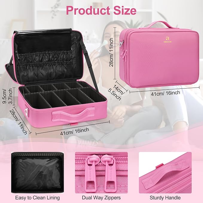 Relavel Makeup Case Large Makeup Bag Professional Train Case Travel Cosmetic Organizer Brush Holder Waterproof Makeup Artist Storage Box, 3 Layer Large Capacity, with Adjustable Strap, Rose Pink - Image 6