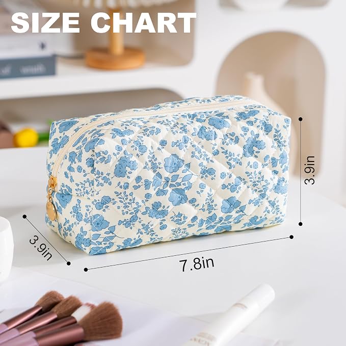 Makeup Bag Travel Toiletry Bag for Women, Small Cosmetic Bags Cute Quilted Cotton Makeup Pouch for Purse Emergency Bag Pencil Case Accessory Bag, Blue - Image 4