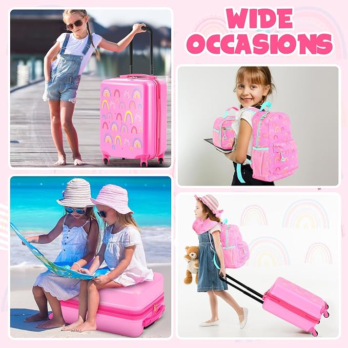 Redbaker 6 Pcs Kids Luggage Set, 17 Inch Rolling Suitcase with Backpack Lunch Bag Neck Pillow, Pink Rainbow Travel Set for Summer Vacation Sleepover Back to School Gift - Image 7