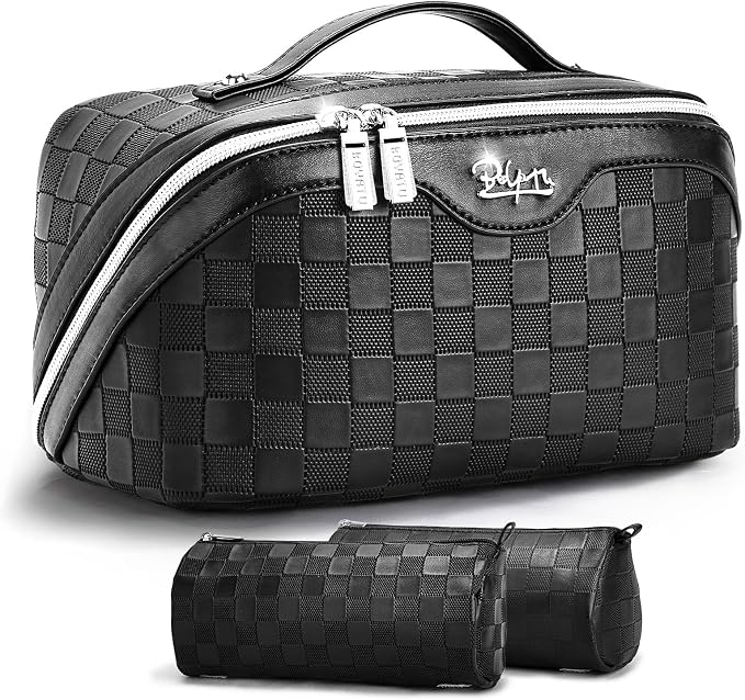 BOYATU Travel Makeup Bag Organizer: 3 Pcs Set Large Capacity Cosmetic Bags Holds 10–20 100ml Full-Size Bottles for 3–15 Day Trips - 180°Open-Flat Make up Case 3-sec touch-up - Toiletry Bag Gift women by BOYATU