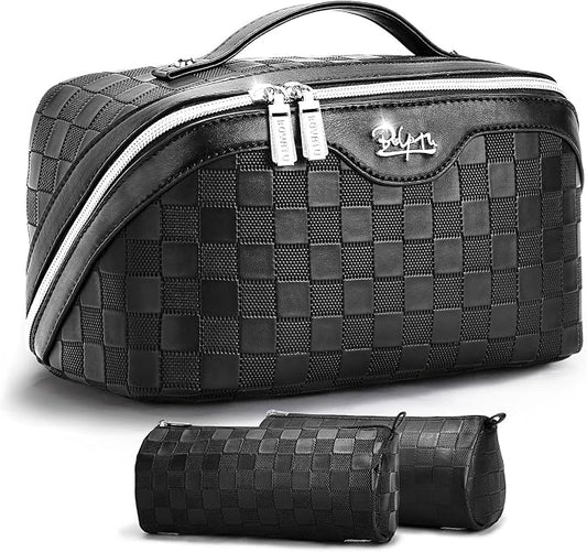 BOYATU Travel Makeup Bag Organizer: 3 Pcs Set Large Capacity Cosmetic Bags Holds 10–20 100ml Full-Size Bottles for 3–15 Day Trips - 180°Open-Flat Make up Case 3-sec touch-up - Toiletry Bag Gift women by BOYATU