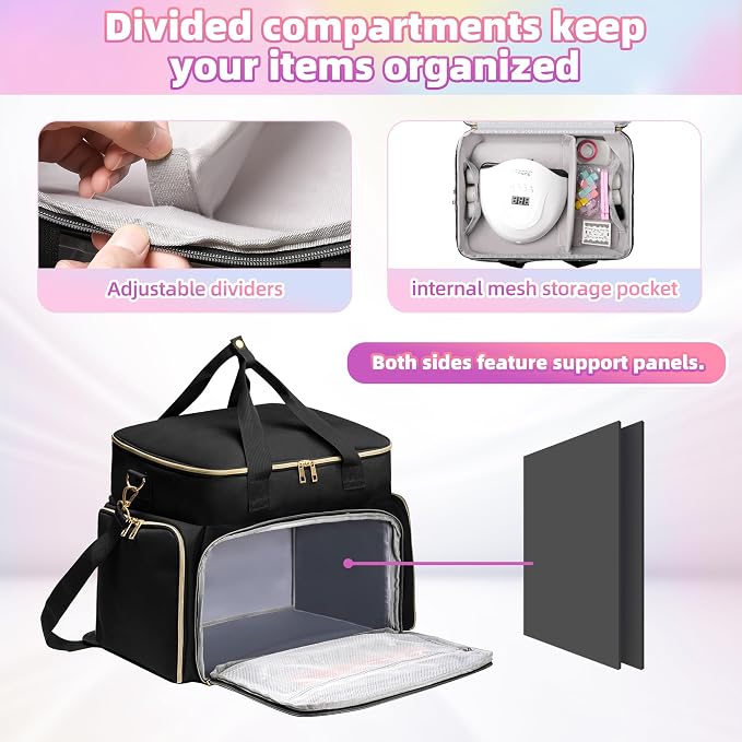 DERSTUEWE Nail Polish Organizer Case – Waterproof Travel Bag with Hard Bottom – Double Layer Nail Storage Bag with Adjustable Dividers & Nail Lamp Compartment (Black) - Image 4