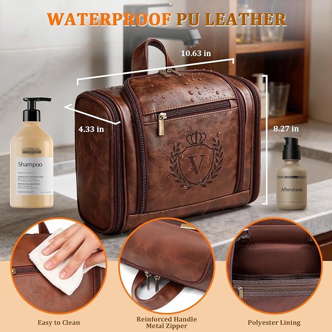 Personalized Easter Gifts for Men Large Leather Travel Toiletry Bag Hanging Shaving Dopp Kit Bathroom Shower Waterproof Case, Birthday Gifts for Father Dad Husband Boyfriend Cognac Letter V - Image 3
