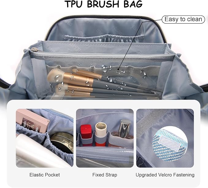 BOYATU Travel Makeup Bag Cosmetic Bag for Women: 3 Pcs Set Make up Bag with Compartments - Waterproof Vegan Leather Toiletry Bags with Handle - Makeup Organizer for Travel Essentials(C-1-Blue) - Image 4