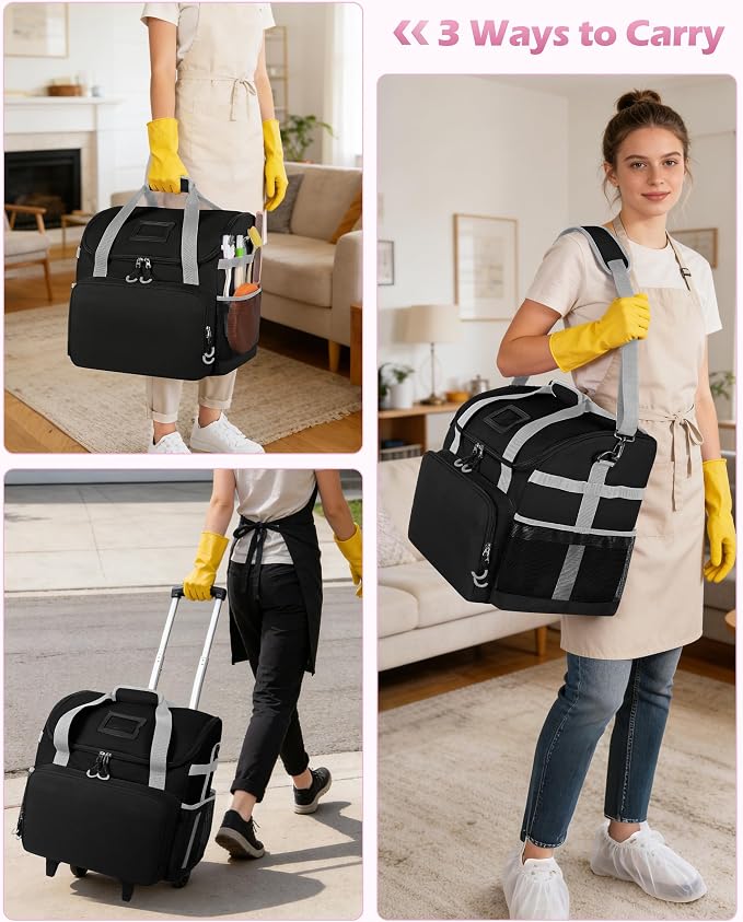 Marscamd Large Rolling Cleaning Caddy Bag with Detachable Trolley, Cleaning Supplies Organizer with Wheels for Housekeepers, Black - Image 5