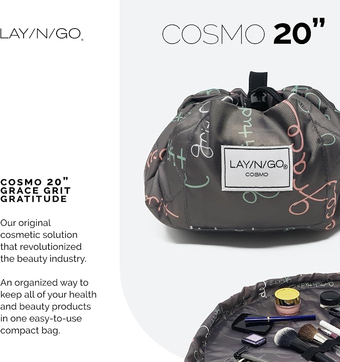 Lay-n-Go Cosmo Drawstring Cosmetic & Makeup Bag Organizer - Portable Drawstring Makeup Bag w/Zipper Pocket & More - Durable, Machine Washable Toiletry Bag for Travel (20", Grit Grace Gratitude) - Image 2