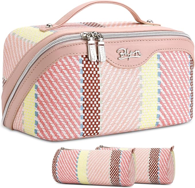 BOYATU Travel Makeup Bag Cosmetic Bag for Women: 3 Pcs Set Make up Bag with Compartments - Waterproof Vegan Leather Toiletry Bags with Handle - Makeup Organizer for Travel Essentials(C-3-Pink) by BOYATU