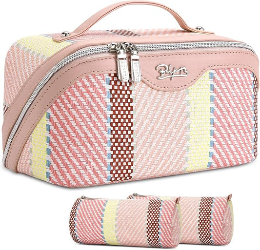 BOYATU Travel Makeup Bag Cosmetic Bag for Women: 3 Pcs Set Make up Bag with Compartments - Waterproof Vegan Leather Toiletry Bags with Handle - Makeup Organizer for Travel Essentials(C-3-Pink) by BOYATU
