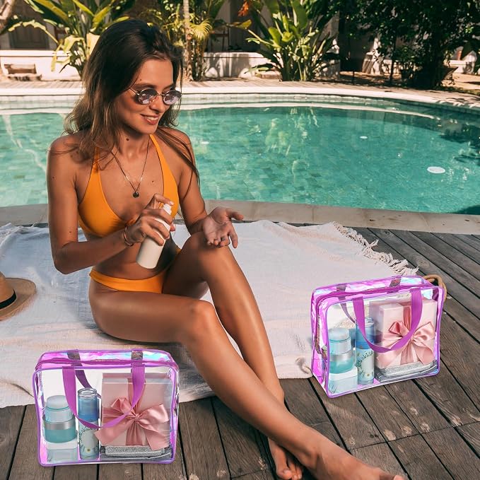 Sweetude 10 Pcs Large Clear Toiletry Bag with Handle Large Capacity Travel Iridescent Beach Makeup Bag PVC Clear Plastic Tote Punch Cosmetic Clothes Storage Organizer for Women Men (Purple) - Image 5