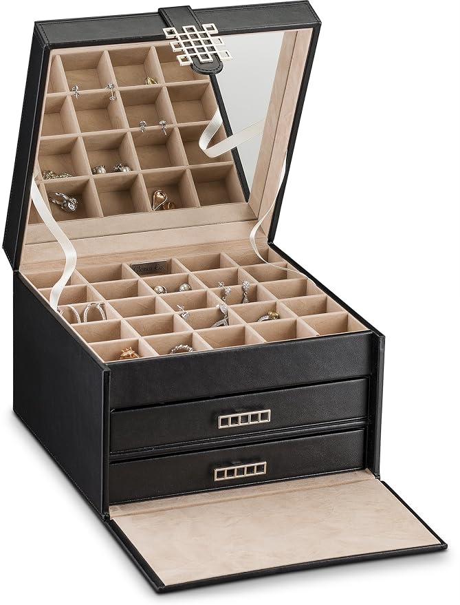 Glenor Co Earring Organizer Holder - 50 Small & 4 Large Slots Classic Jewelry box with Drawer & Modern Closure, Mirror, 3 Trays for Earrings, Ring or Chain Storage - PU Leather Case - Black - Image 3