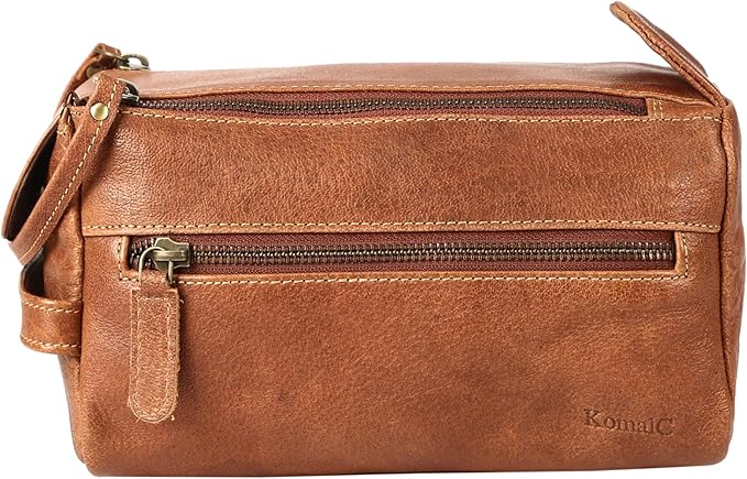 KomalC Premium Buffalo Leather Toiletry Bag for Men & Women With Water resistant Lining, Grooming Travel Pouch, Unisex Wash Bag for Toiletries, Gifts for Men and Women - Image 2