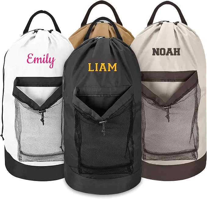 Personalized Travel Laundry Backpack, Embroidered Extra Large Laundry Bag For Travel with Shoulder Strap, Custom Heavy Duty Bag with Mesh Pocket for Delicates, Traveling and Camping by CustomEmpire