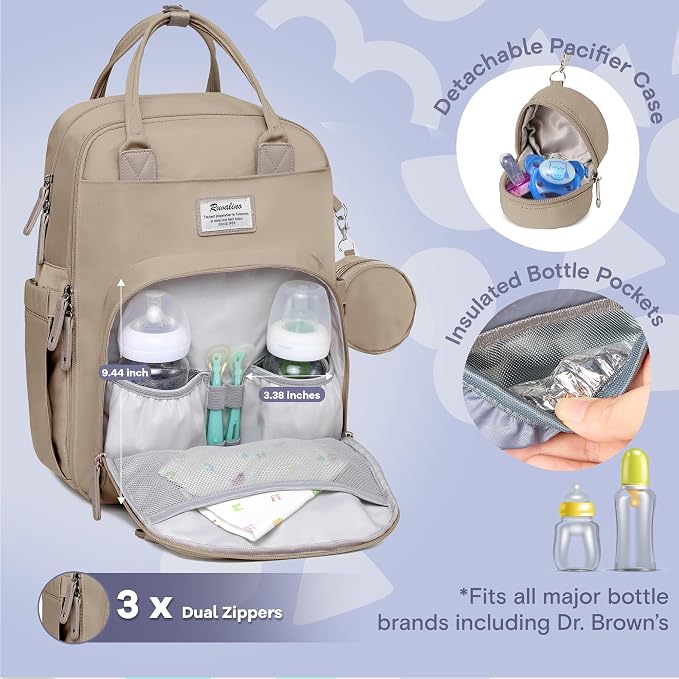 RUVALINO Diaper Bag Backpack-Multifunction Baby Travel Bag with Changing pad, Insulated Bottle Holders & Pacifier Case, Large Capacity, Waterproof, Clay - Image 2