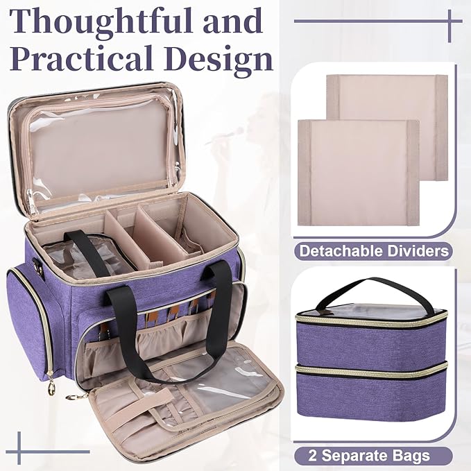 GDNasist Large Makeup Bag, Portable Travel Makeup Bag Organizer for Women Girls with 2 Removable Pouches & Detachable Dividers, Cosmetic Travel Bag, Toiletry Bag for Makeup and Hair Supplies, Purple - Image 6