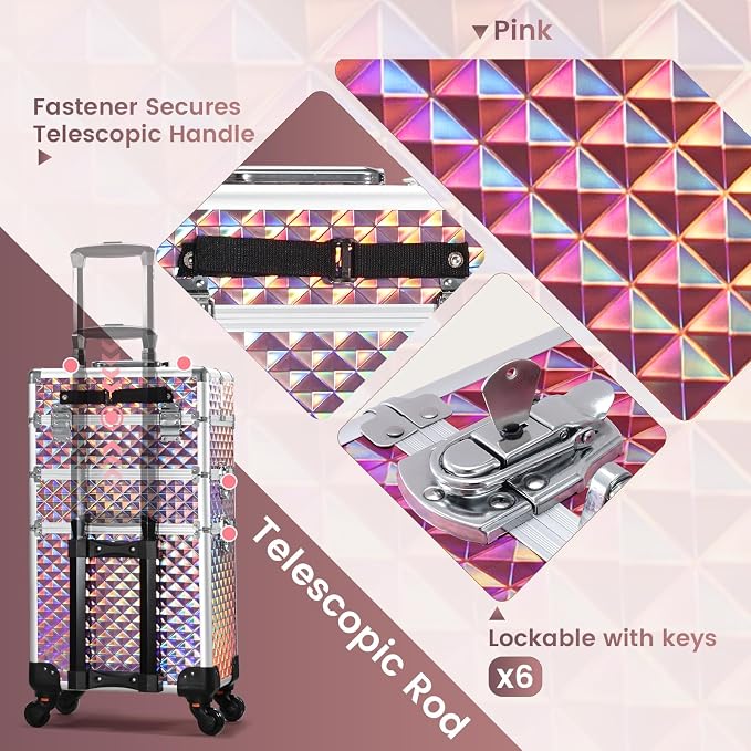 FRENESSA 3 in 1 Rolling Makeup Train Case Cosmetology Case on Wheels Pink | Cosmetic Trolley Large Storage with Keys 360° Swivel Salon Barber Case Traveling Cart Trunk for Artist Hairstylists Nail Tech - Image 6