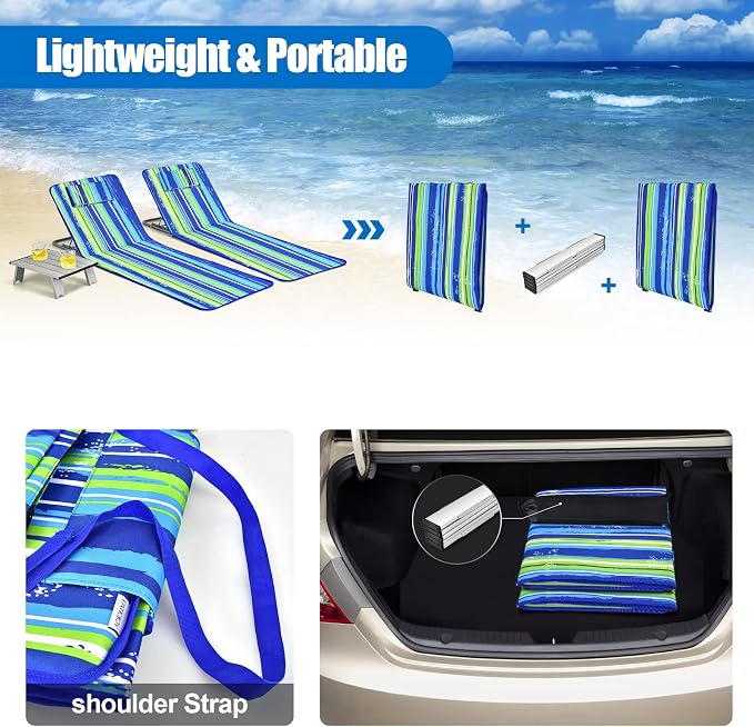 GYMAX Beach Chairs, Folding Tanning Lounge Chairs with Table Set, Adjustable Patio Floor Chair, Outdoor Sunbath Chair with Desk, Pillow & Storage Bag for Outside, Patio, Poolside (Blue Stripe) - Image 4